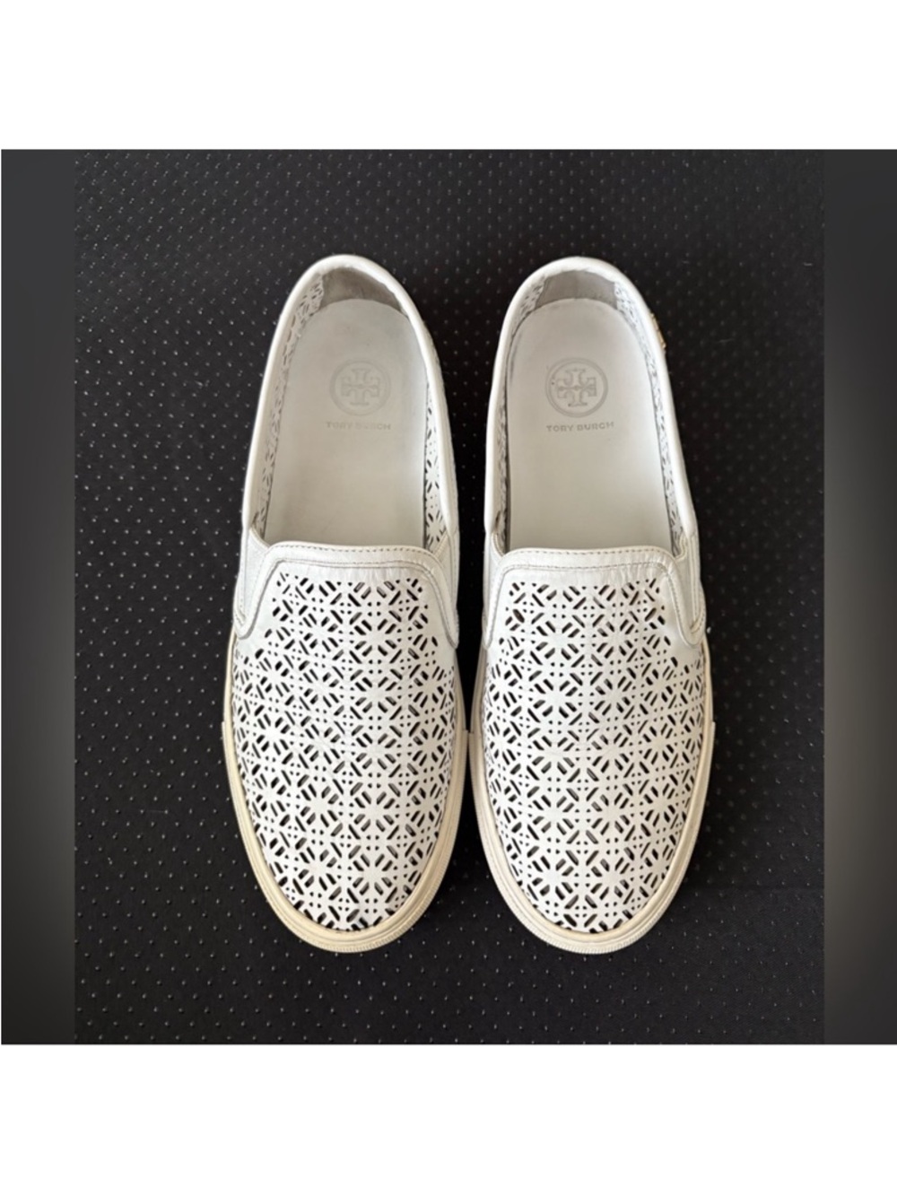 Tory Burch Lennon Laser Cut Slip-On Sneakers White Leather 8.5 - Picture 4 of 7